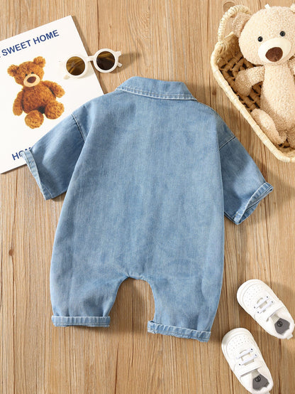 Autumn and Spring Arrival Baby Casual Pocketed Denim Rompers with Turn-down Collar