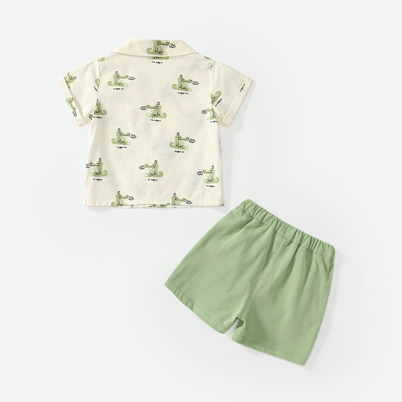 Summer Baby Kids Casual Cartoon Animals Pattern Short Sleeves Top Shirt with Green Shorts Clothing Set for Boys