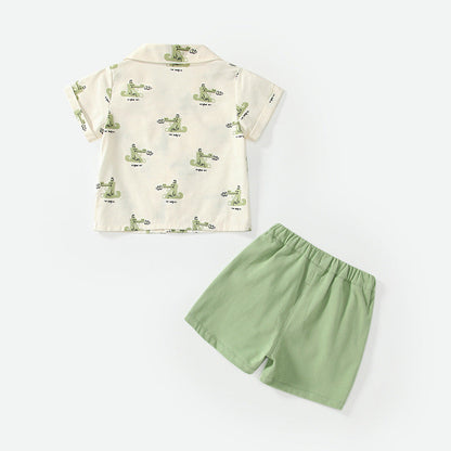 Summer Baby Kids Casual Cartoon Animals Pattern Short Sleeves Top Shirt with Green Shorts Clothing Set for Boys