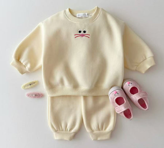 Autumn Baby Kids Unisex Casual Cartoon Face Embroidered Pattern Long Sleeves Top Pullover and Pants Clothing Set