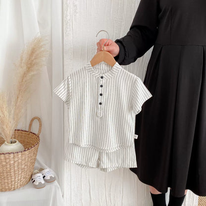 Summer Hot Selling Baby Kids Boys Short Sleeves Striped Pattern Top Shirt and Shorts Clothing Set