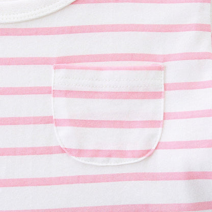 Summer Arrival Striped and Flowers Pattern Short Sleeves Color Patchwork Dress for Stylish Girls