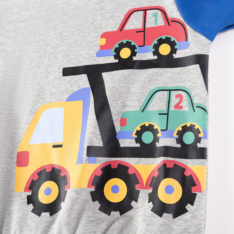 Spring and Autumn Boys Cars Cartoon Pattern Long Sleeves Color Patchwork Sweatshirt and Pants Clothing Set