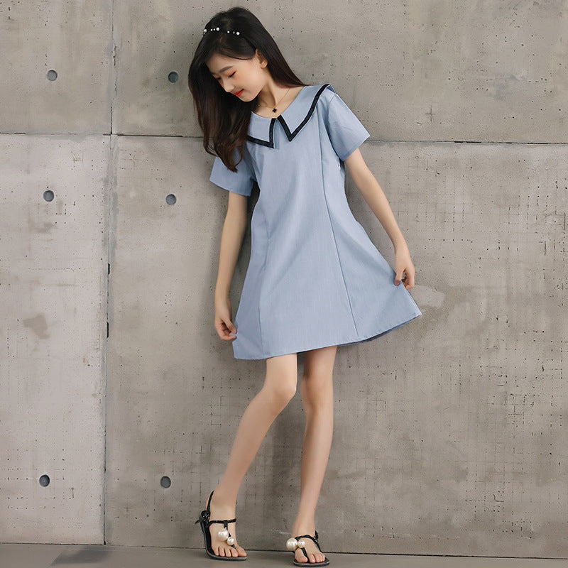 Design Summer Kids Girls French Style Simple Square Neck Turndown Collar Dress