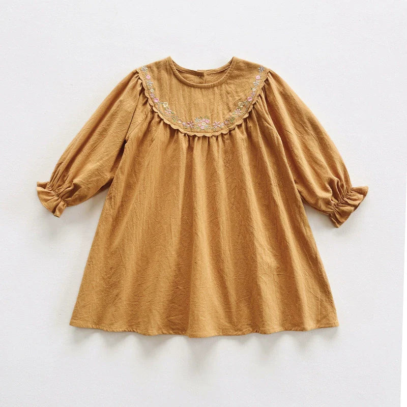 Arrival Autumn Girls Flowers Embroidery Pattern Long Sleeves Dress