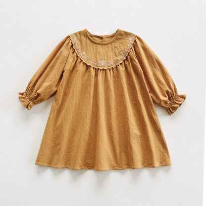 Arrival Autumn Girls Flowers Embroidery Pattern Long Sleeves Dress