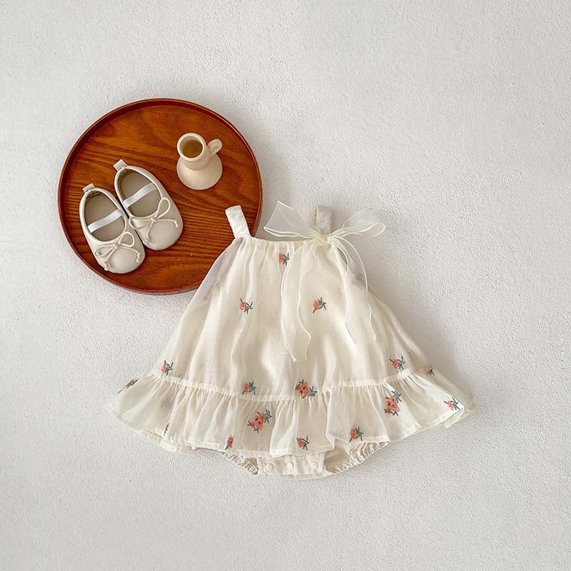 Summer Arrival Baby Girls Sleeveless Flowers Pattern Tulle Strap Onesies Dress