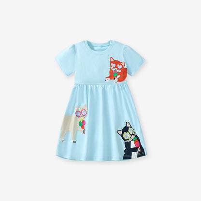 Summer Pure Cotton Animals Cartoon Pattern Short Sleeves Dress for Stylish Girls