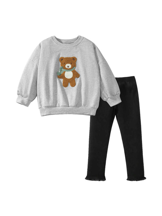 Spring And Autumn Girls Teddy Bear Pattern Long Sleeves Top Sweatshirt And Black Pants Clothing Set