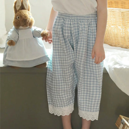 Summer Arrival Kids Girls Lace Decorated Plaid Pants