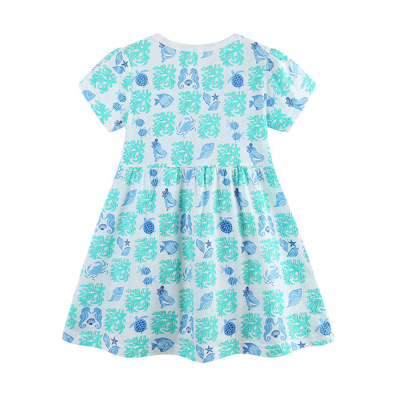 Summer Arrival Marine Animals Pattern Short Sleeves Dress for Stylish Girls