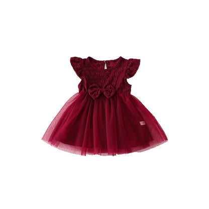 Summer Hot Selling Kids Girls Cute Fly Sleeves Flowers Jacquard Pattern Tulle Dress