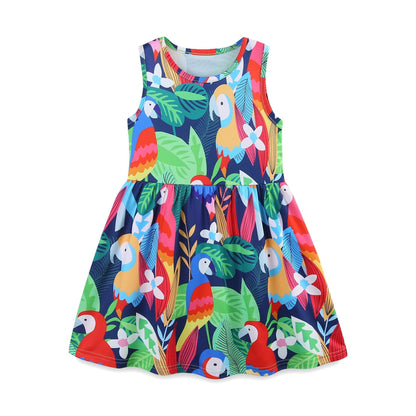 Summer Hot Selling Colorful Parrots Pattern Sleeveless Dress for Stylish Girls