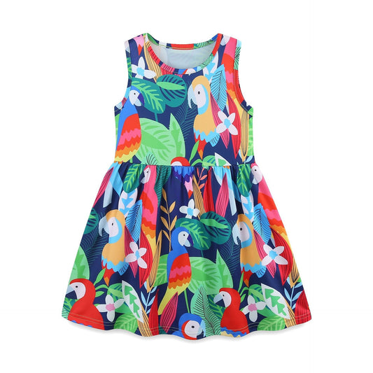 Summer Hot Selling Colorful Parrots Pattern Sleeveless Dress for Stylish Girls