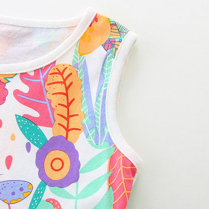 Summer Pure Cotton Cartoon Jungle Floral Pattern Sleeveless Dress for Stylish Girls