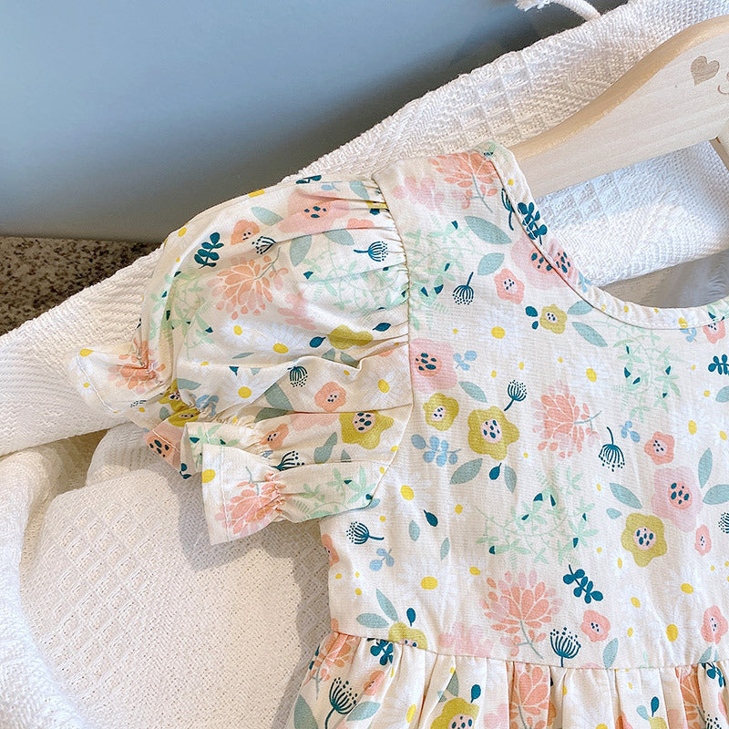Baby Girl Floral Print O-Neck Puff-Sleeved Short Dress