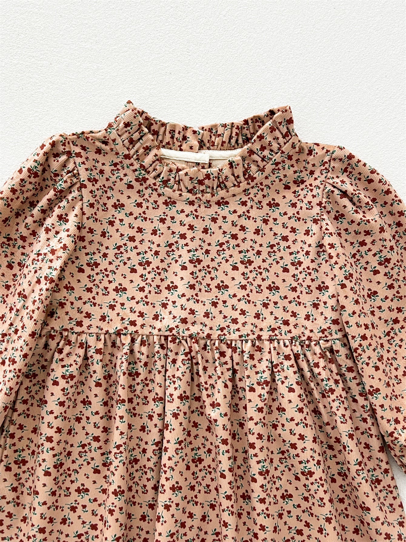 Spring and Autumn Corduroy Long-sleeved Dress with Ruffle Neck for Stylish Girls