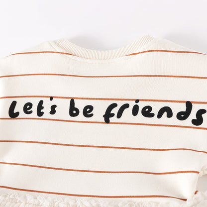 Autumn and Winter Warm Arrival Teddy Cartoon and Striped Pattern Long Sleeves Crew Neck Dress for Stylish Girls