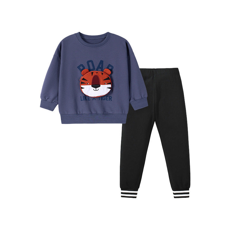Spring and Autumn Boys Animals Cartoon and Letters Pattern Long Sleeves Sweatshirt and Pants Clothing Set