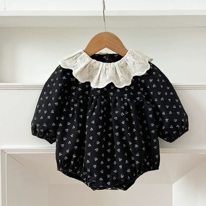 Autumn Baby Girls French Style Vintage Flowers Pattern Long-sleeved Onesies and Dress – Princess Sister Matching Set