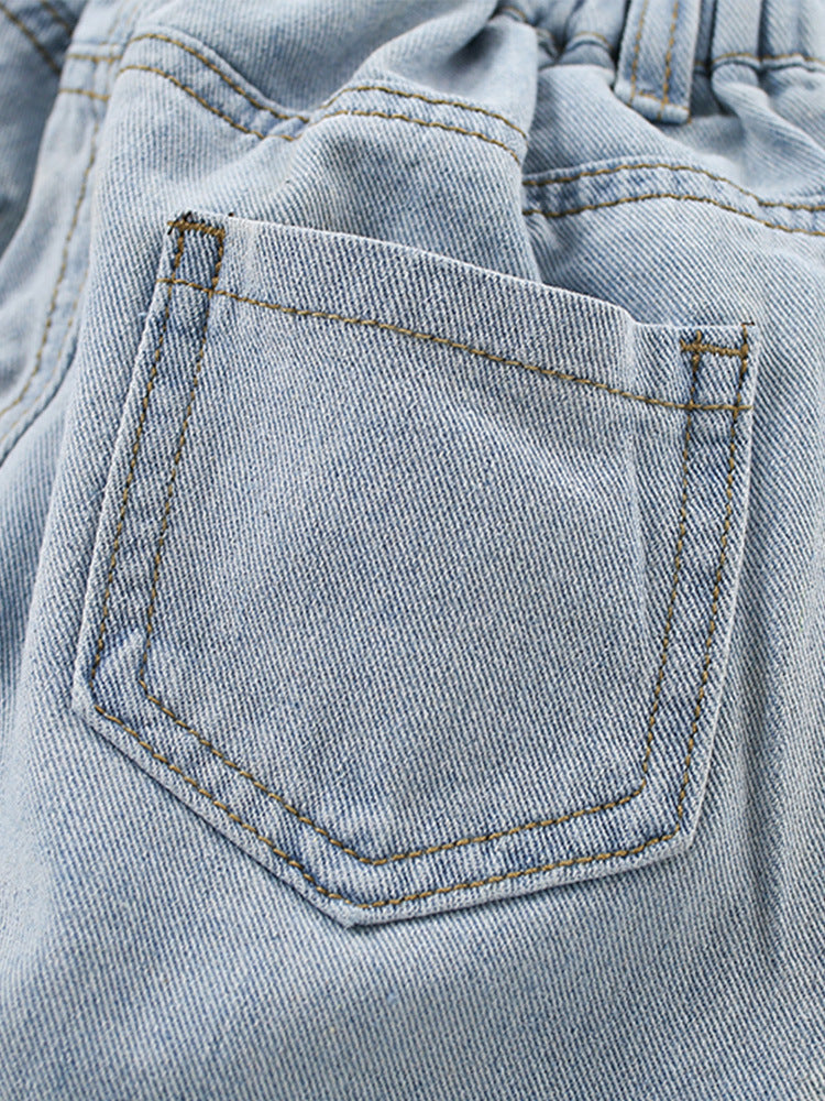 Summer Baby Kids Girls Teddy Bear Pattern Plaid Crew Neck Shirt And Denim Shorts Clothing Set