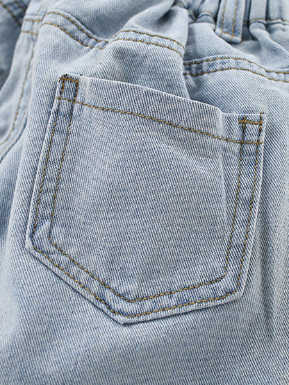 Summer Baby Kids Girls Teddy Bear Pattern Plaid Crew Neck Shirt And Denim Shorts Clothing Set