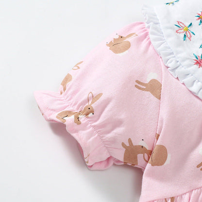 Baby Girls Peter Pan Floral Collar Short Sleeves Rabbits Pattern Dress