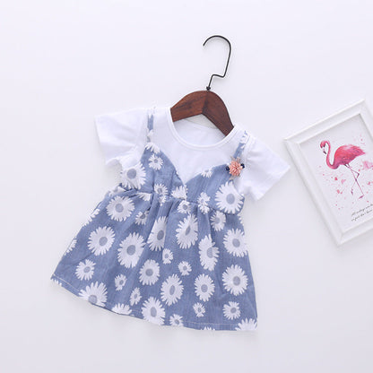 Baby Girl Little Daisy Print Pattern False Patchwork Design Round Collar Short-Sleeved Dress