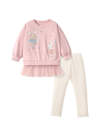 Spring And Autumn Girls Cartoon Dancers Pattern Long Sleeves Crew Neck Top Sweatshirt Design Dress And Pants Clothing Set