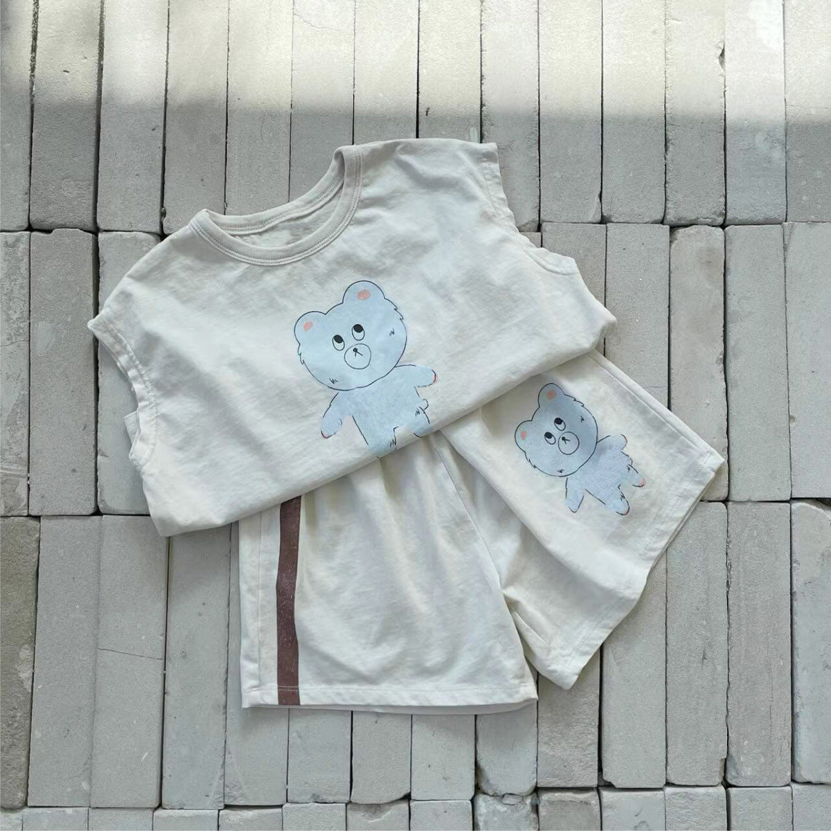 Summer Hot Selling Baby Kids Unisex Sleeveless Teddy Bear Printed T-shirt and Shorts Casual Clothing Set