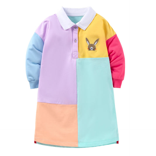 Spring Grils Kids Long Sleeve Cartoon Animals Embroidery Logo Patchwork Dress