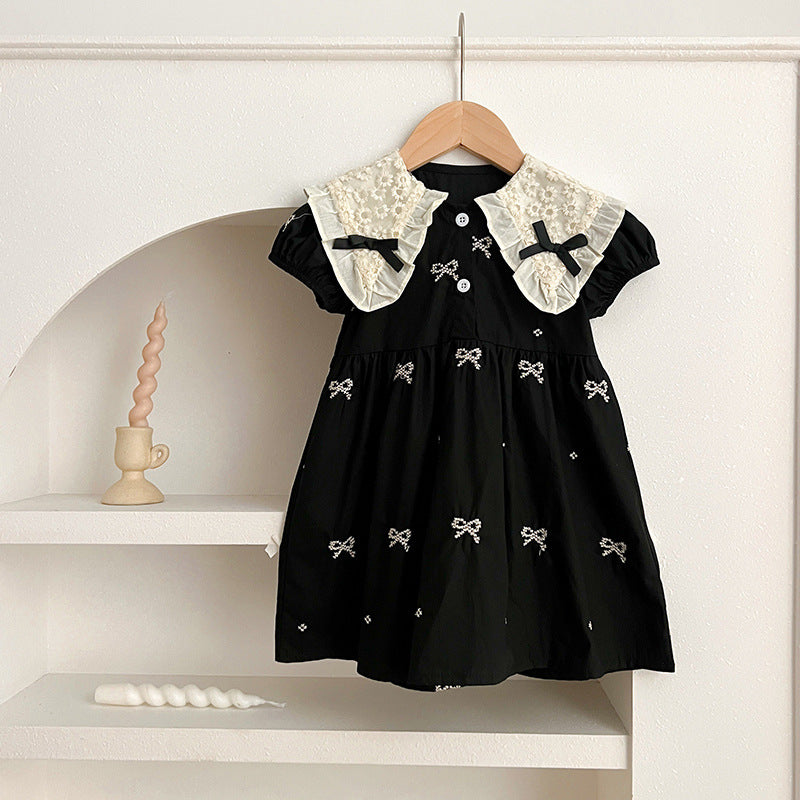 Design Summer Baby Kids Girls Floral Pattern Collar Short Sleeves Bows Embroidery Onesies And Girls’ Dress – Princess Sister Matching Set
