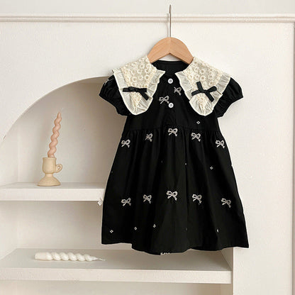 Design Summer Baby Kids Girls Floral Pattern Collar Short Sleeves Bows Embroidery Onesies And Girls’ Dress – Princess Sister Matching Set