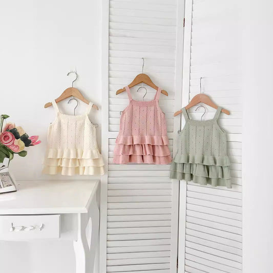 Summer Baby Kids Solid Color and Striped Hollow-out Pattern Sleeveless Top Vest with Skirt Clothing Set for Girls