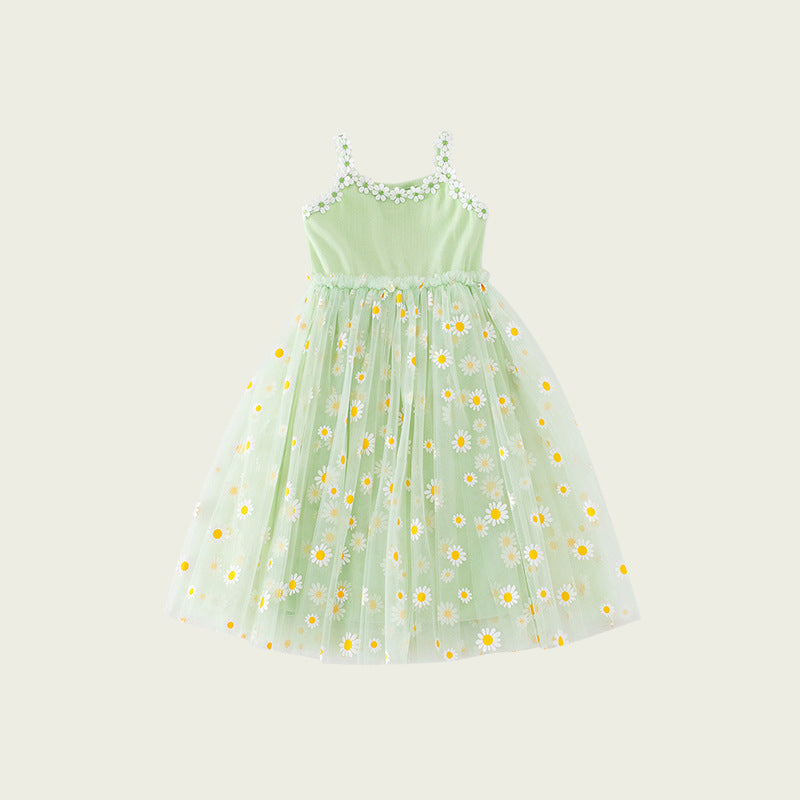 Summer Baby Kids Girls Sleeveless Floral Daisy Pattern Mesh Strap Dress
