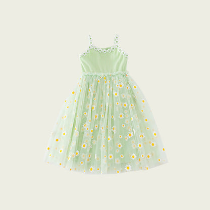 Summer Baby Kids Girls Sleeveless Floral Daisy Pattern Mesh Strap Dress