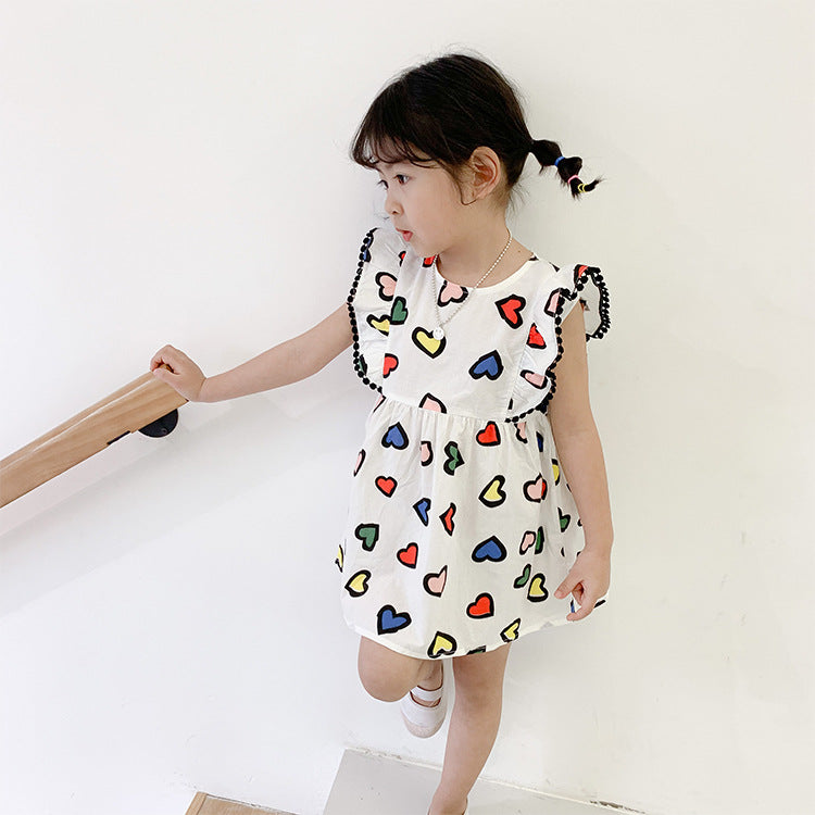 Best Selling Summer Baby Kids Girls Colorful Heart Pattern Fly Sleeves Dress