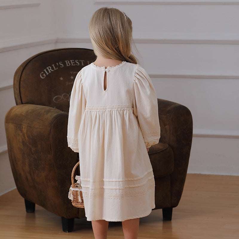 Spring and Autumn Solid Color Floral Pattern Long-sleeved Dress for Stylish Girls