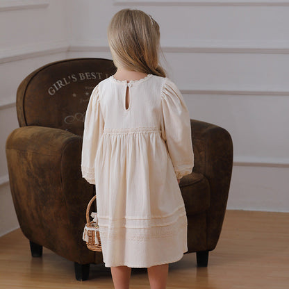 Spring and Autumn Solid Color Floral Pattern Long-sleeved Dress for Stylish Girls