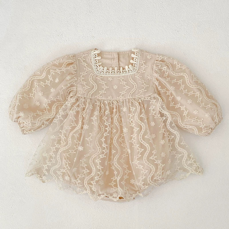 Autumn Baby Girls Flowers and Geometric Embroidered Pattern Long-sleeved Tulle Onesies and Dress – Princess Sister Matching Set