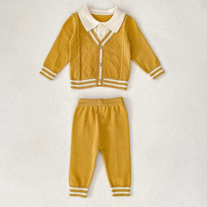 Arrival Autumn Baby Unisex Long Sleeves Color Patchwork Striped Pattern Knitted Top Cardigan and Long Trousers Clothing Set