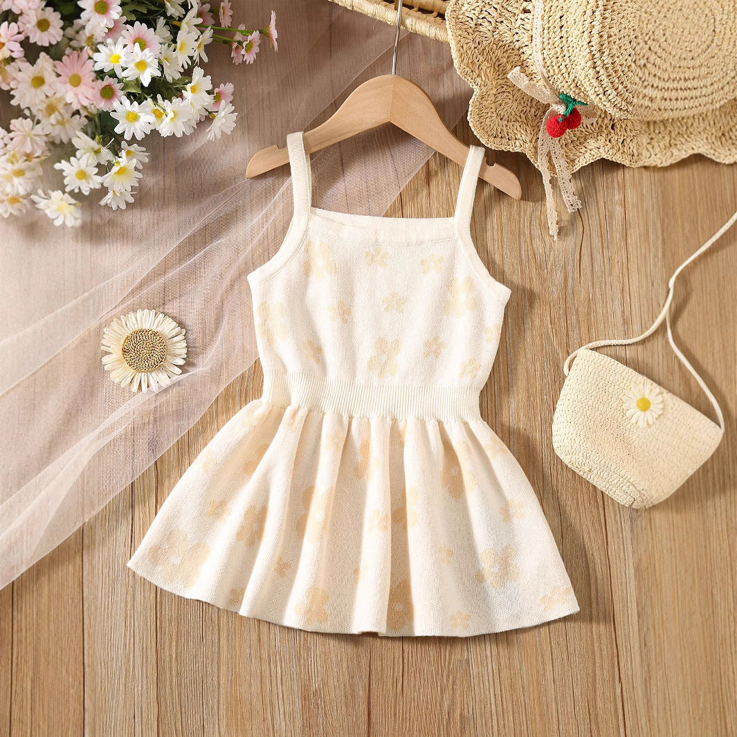 Summer Baby Kids Girls Sleeveless Floral Pattern Knitted Strap Dress