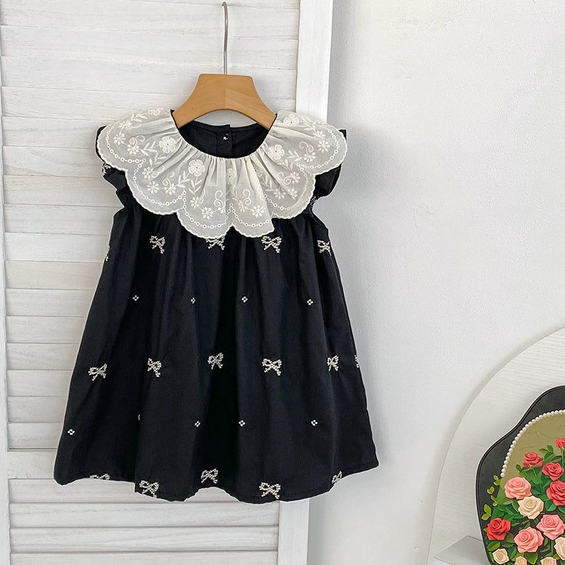 Summer Baby Girls French-style Flowers Pattern Collar Sleeveless Butterfly-bows Embroidered Onesies and Dress – Princess Sister Matching Set
