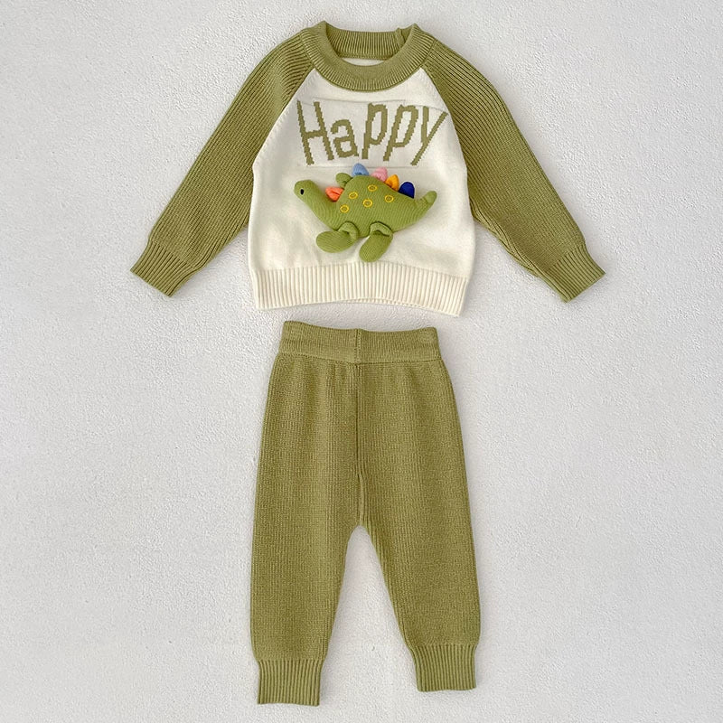 Arrival Autumn Baby Unisex Long Sleeves Color Patchwork Letters and Cartoon Pattern Knitted Top Sweater and Long Trousers Clothing Set