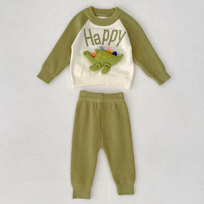 Arrival Autumn Baby Unisex Long Sleeves Color Patchwork Letters and Cartoon Pattern Knitted Top Sweater and Long Trousers Clothing Set