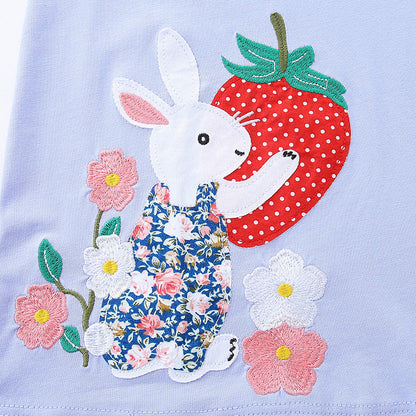 Summer Arrival Rabbit and Strawberry Cartoon Pattern Short Sleeves Dress for Stylish Girls