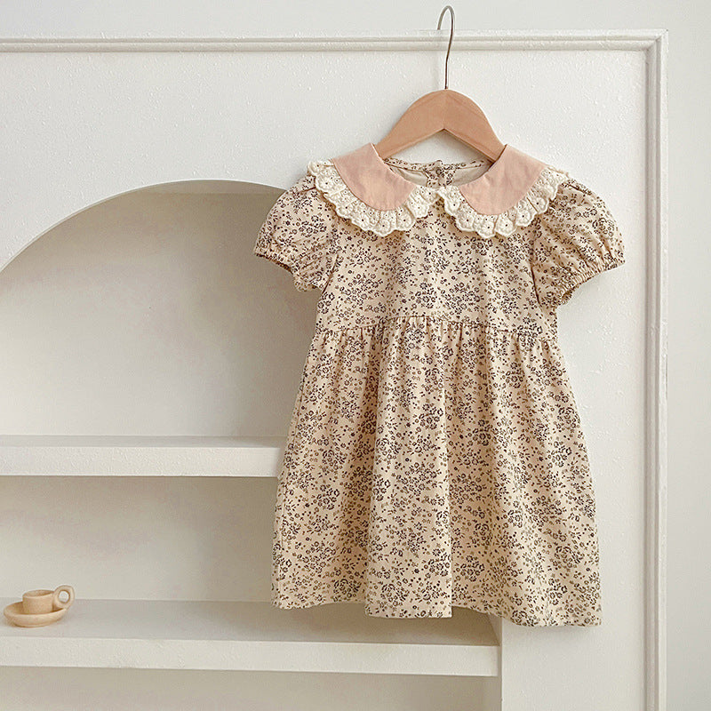 Design Summer Baby Kids Girls Floral Pattern Short Sleeves Peter Pan Collar Onesies And Girls’ Dress – Princess Sister Matching Set