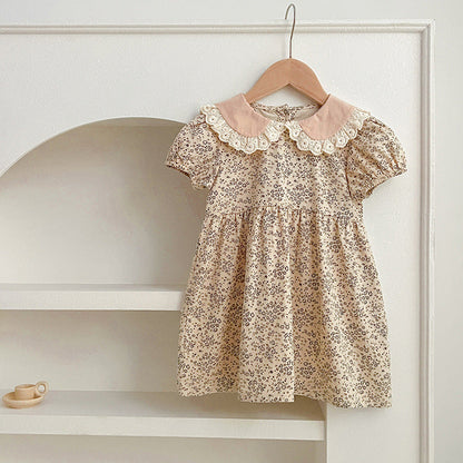 Design Summer Baby Kids Girls Floral Pattern Short Sleeves Peter Pan Collar Onesies And Girls’ Dress – Princess Sister Matching Set