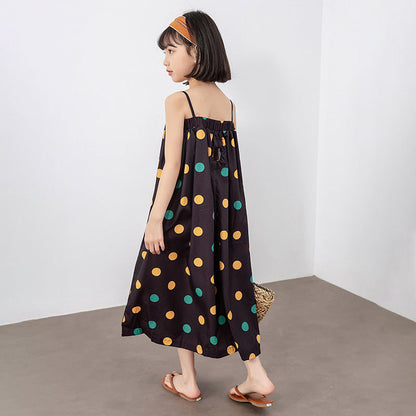 Girls Colorful Polka Dot Pattern Sling Quality Long Dress