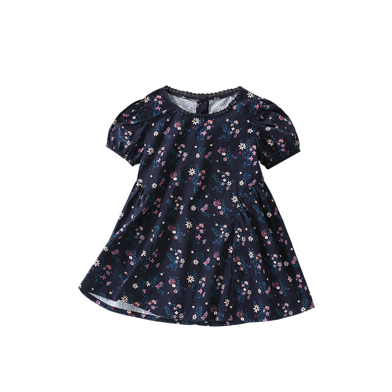 Summer Arrival Floral Pattern Short Sleeves Dress with Lace Trim Neck for Stylish Girls